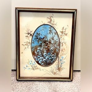 Original vintage Joy Alldredge Framed watercolor wildflower blue bird